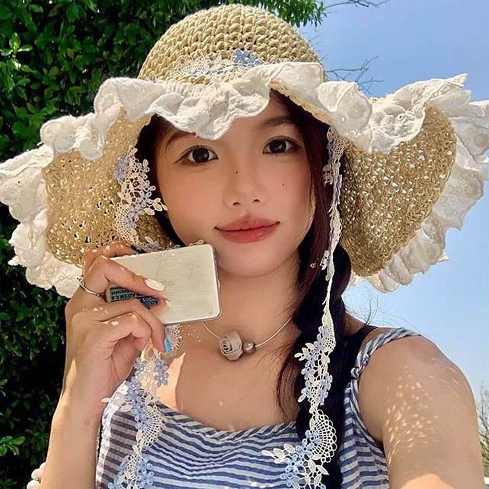 Breathable Vacation Beach Cap with Garland Woven Sun Cap Big Brimmed Straw Hat Masquerade