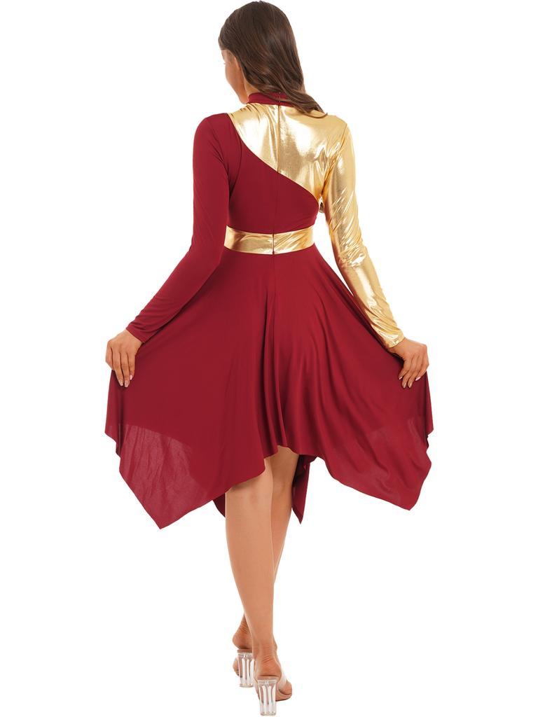 Women Slim Waist Party Gown Praise Liturgical Lyrical Dance Dress High Low Worship Costume Metallic Color Block Dress