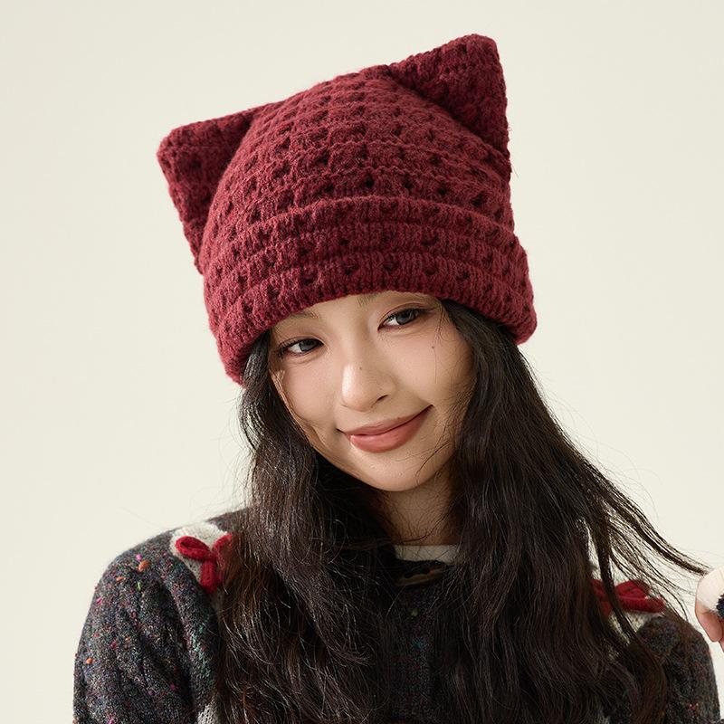 Шерстяная шапка с кошачьими ушками Осень Зима Большая голова Теплая Защита ушей Вязаная шапка