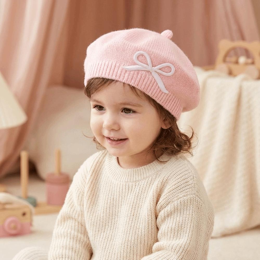 Warm Children Knitted Beret Elastic Beanie Cap Stylish Bow Embroidery Painter Hat 5-48 Months