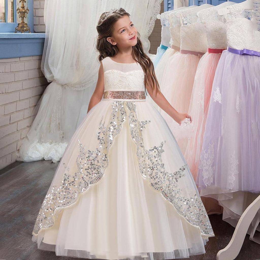 Sequin Princess Dress Wedding Dress Girls Show Long Performance Pompous Gauze Flower Children Wedding Dress