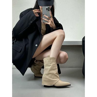 Остроносые короткие ботинки женские новые 2025 осенне-зимние ботинки высокий каблук толстый каблук короткие ботинки Мартин западные рыцарские ковбойские ботинки