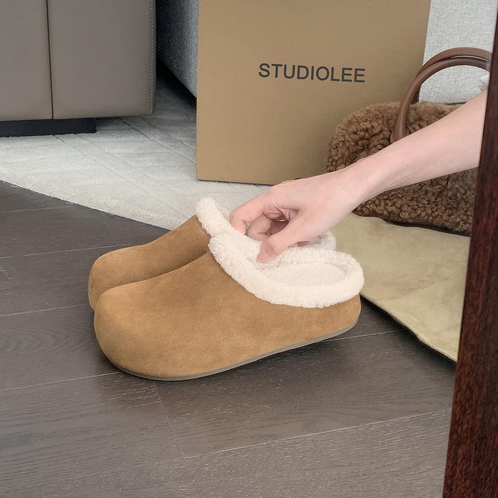 Wool Version~ Grape Ma Height Increase Cm Cow Anti-plush Plush Shoes Women's Half-drag Winter Plush Warm Cotton Shoes