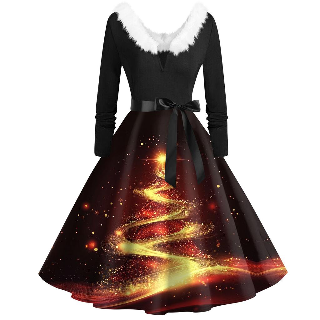 Women's Casual And Fashionable Long Sleeved V-neck Christmas Print Matching Zipper Dress