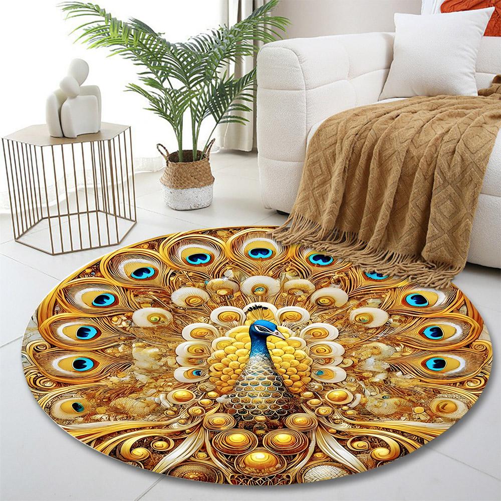 Golden Peacock Mandala Design Print round rug, living room, bedroom, playroom carpet, non slip floor mat, gift