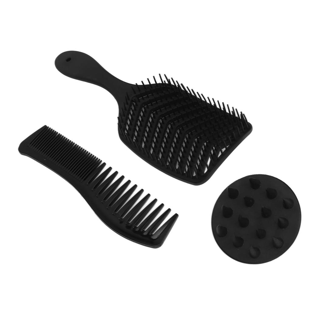 3pcs Hair Comb Set Easy Detangling Hollow Out Comb Wide Teeth Comb Hair Washing Brush Black