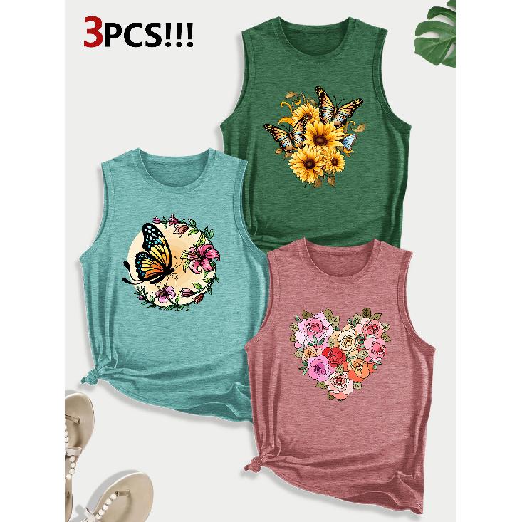 Sunflower and Butterfly Combination Gift Print Pattern Round Neck3Pack of sleeveless vests for women in spring, summer, and autumn