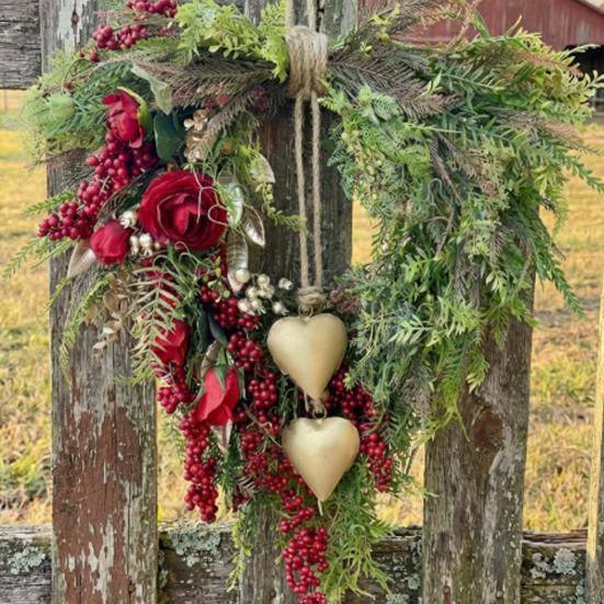 Valentine's Day Farmhouse Heart Wreath for Front Door Rustic Faux Greenery Wreath with Red Roses Berries Vintage Heart Bell for Window Porch Indoor