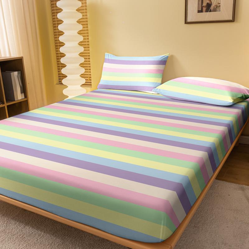 1 Simple Modern Stripe Geometry Printed Matte Fitted Sheet, Bedroom Printed Bed Cover, Bedding (Excluding Pillowcases)