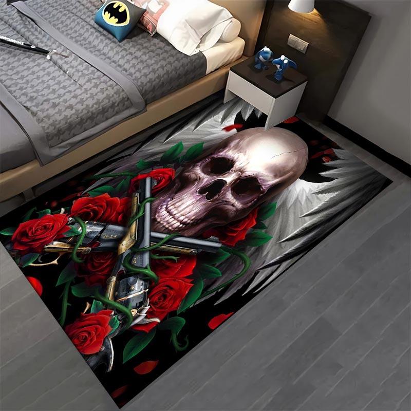 Skull Rug with Guns, Red Roses and Wings on Black Background Suitable for use as an anti-slip for living room bedroom sofas