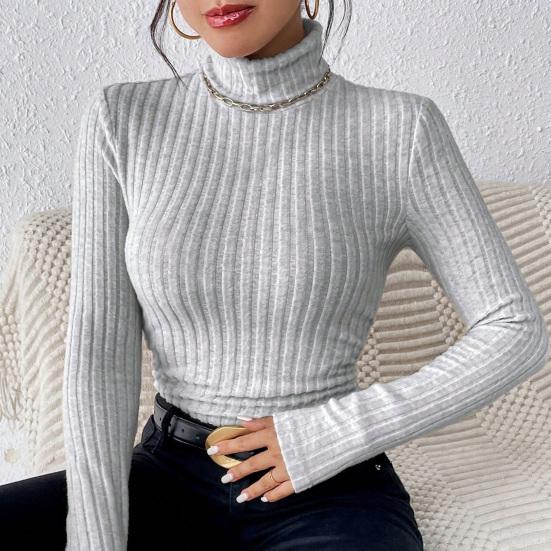 Женские вязаные топы с высоким воротником, с длинным рукавом, однотонный свитер, облегающий крой, топы с рубчатым низом, зимний трикотаж