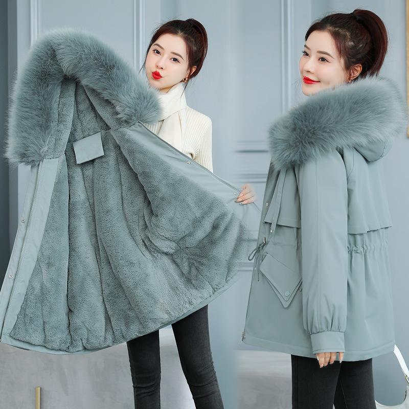 Winter Cotton-padded Clothes Women's Medium and Long Pie Overcomes Hairy Inner Fur Collar Hooded Down Cotton-padded Clothes Women's