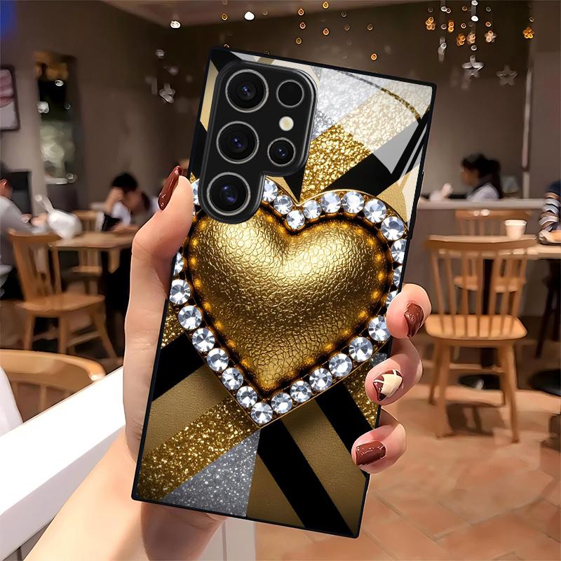 Закаленное стекло с 2D узором в виде золотого сердца для телефона Samsung S26 S25 S24 S23 S22 S21 S20 A56 A55 A36 - Прочный защитный чехол