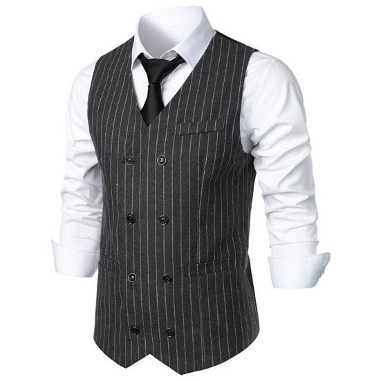 Men Suit Waistcoat V-Neck Sleeveless Striped Print Double Breasted Suit Vest with Patch Pockets Wedding Business Vest