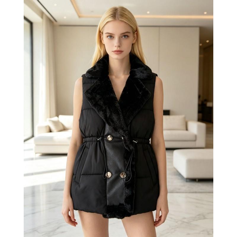 Womens Puffer Vest With Faux Fur Collar Thick Warm Mid-Length Solid Color Sleeveless Coat Winter