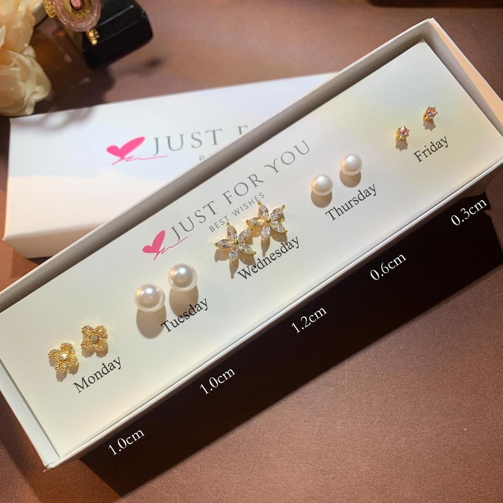 Набор серег-пуссетов в форме сердца с цирконом, цветком и жемчугом для женщин