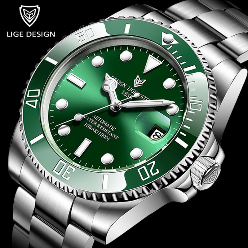LIGE luxury Men's watches business 100 meters waterproof mechanical luminous date stainless steel watches for men reloj hombre