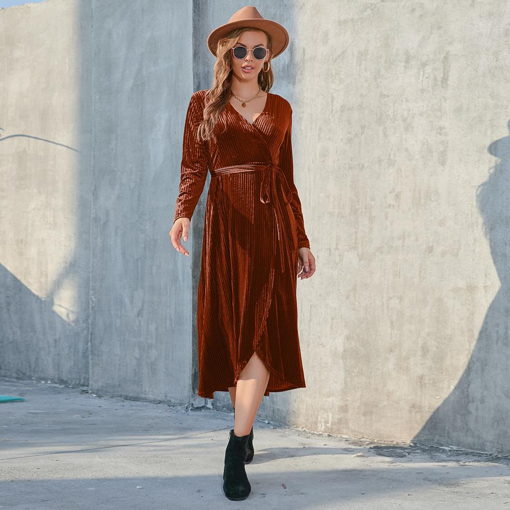 GMXIA Новое стильное женское осеннее и зимнее бархатное платье средней длины с разрезом на бретельках и косточками