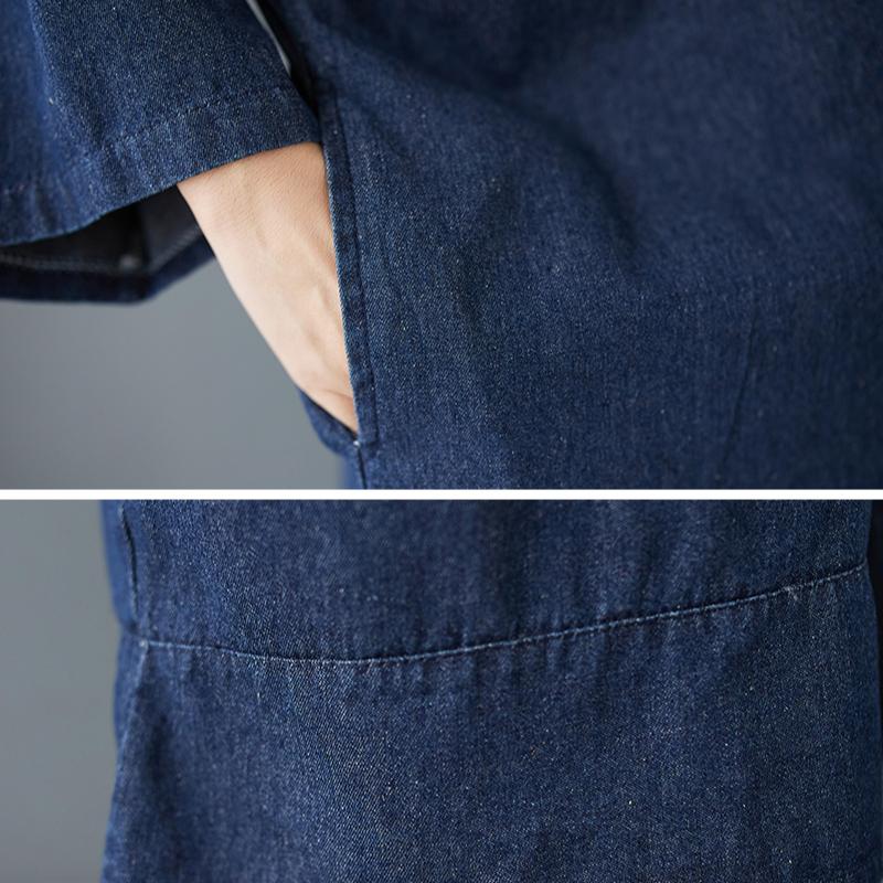 Dimanaf 2025 Women Plus Size Dress Solid Fashion Casual Denim Basic Long Dress Cotton Vintage Loose Blue Clothing