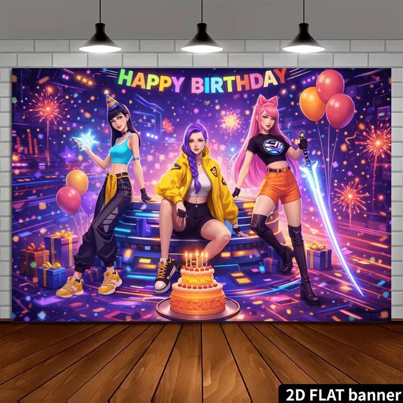 2D Flat Printing Anime Birthday Backdrop, Neon Cyberpunk Party Background