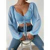 Sexy Mesh Lantern Sleeves Drawstring Wrap Chest Bare Midriff T Shirt Women Long Sleeves Bottoming