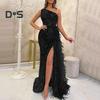Women Evening Dress One Shoulder Sleeveless Shiny Sequin Padded Feather Decor High Split Solid Color Slim Fit Tight High Waist Floor Length Prom