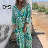 Женское принтованное макси-платье весна-лето с V-образным вырезом в стиле бохо, праздничное платье с длинными рукавами, свободное платье с карманами для повседневной жизни, вечеринок, пляжа