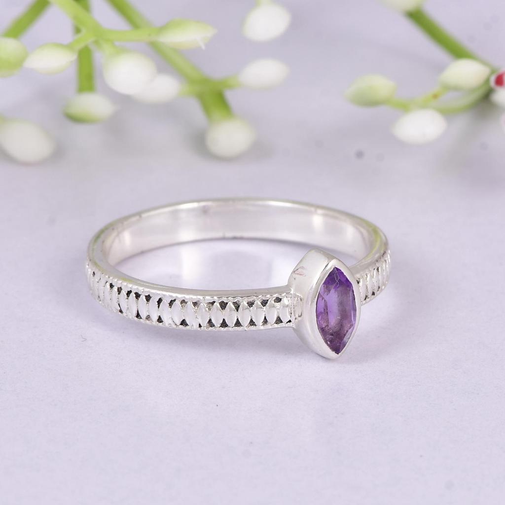 Dainty Amethyst Marquise Ring | Minimalist Sterling Silver Stacking Ring | Gift for Her | Anniversary Gift