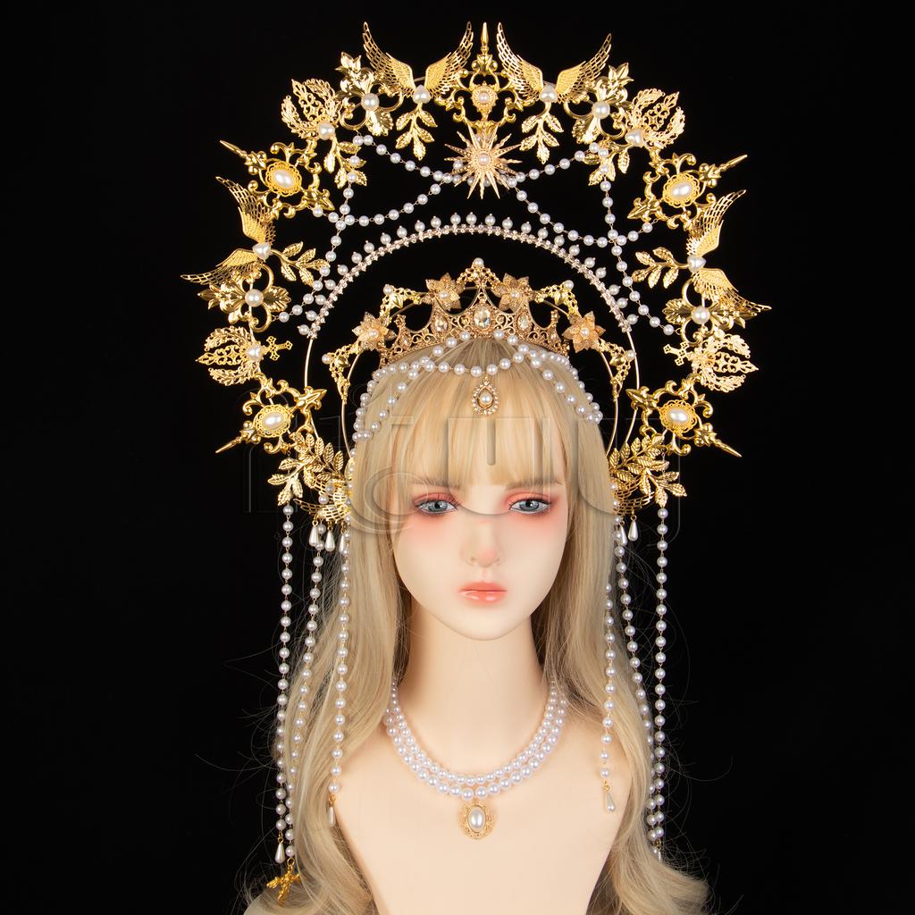 Exaggerated Oversized Sun Goddess Angel KC Halo Crown Queen Headpiece Gold Baroque Pearl Tiara Lolita Headband for Photo Prop