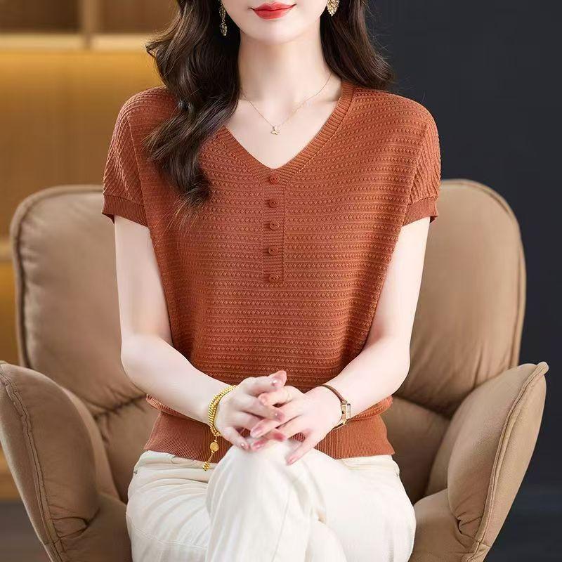 Летняя женская трикотажная футболка с коротким рукавом, трикотажный свободный топ, стройнящая мама