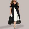 Midi Dress Stylish V-Neck Bowknot Cuffs Evening Dress Patchwork Color Fake Two Pieces Midi Dress Women Dress Daily Clothing