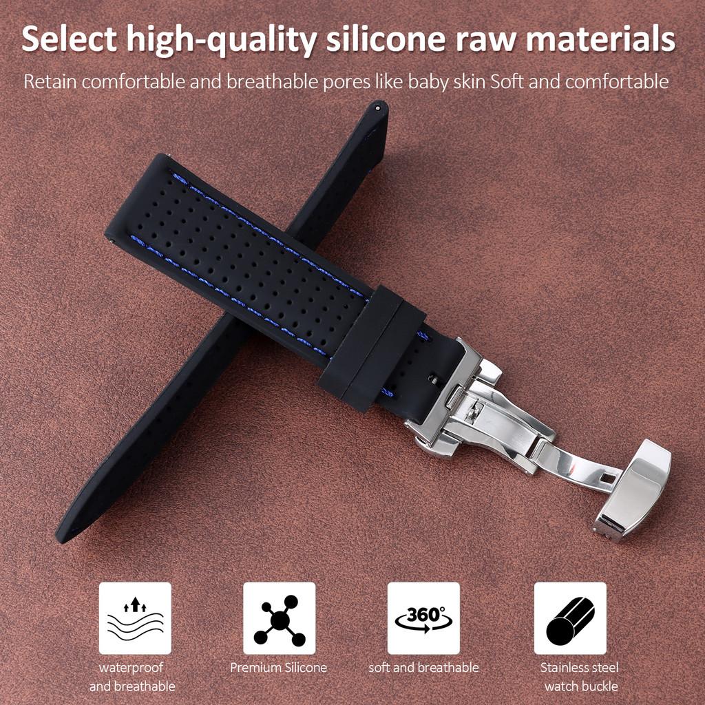 20mm 22mm Premium Silicone Watch Band Butterfly Buckle Waterproof Soft Rubber Strap Breathable Strap Replacement Universal Watch