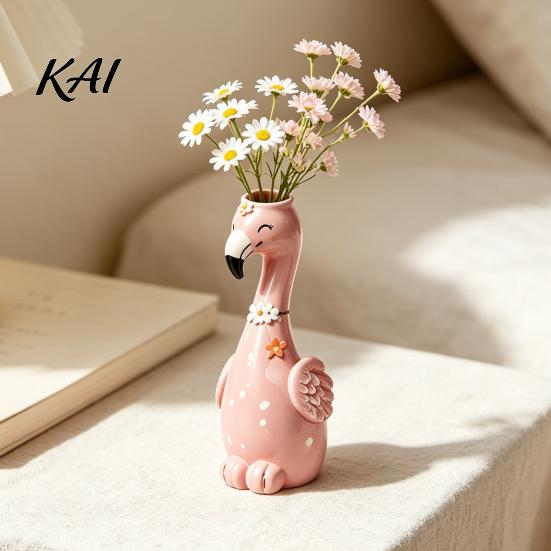 Durable Resin Sculpture Vase Cute Flamingo Decorative Vase, Pink Flower Holder Figurine, Small Tabletop Statue Decor Ornament for Dried Artificial