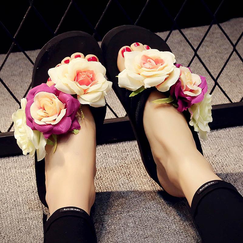 Fashion 5 CM High Heel Women Summer Flip Flops Sandals Flower Wedge Heel Holiday Female Slippers Outdoor Non-Slip Beach Shoes