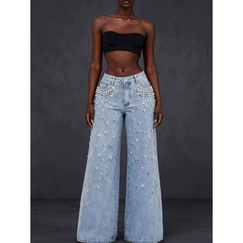 Womens High Waist Wide Leg Jeans Handmade Rhinestone Pearl Beaded Loose Denim Trousers