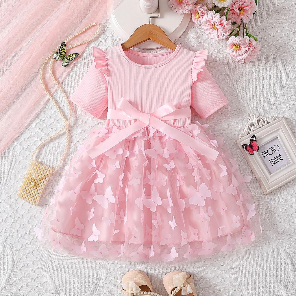 Summer Girls 3D Flower Princess Dress Short Sleeve Birthday Party Gown For Toddler Baby First Year Celebration