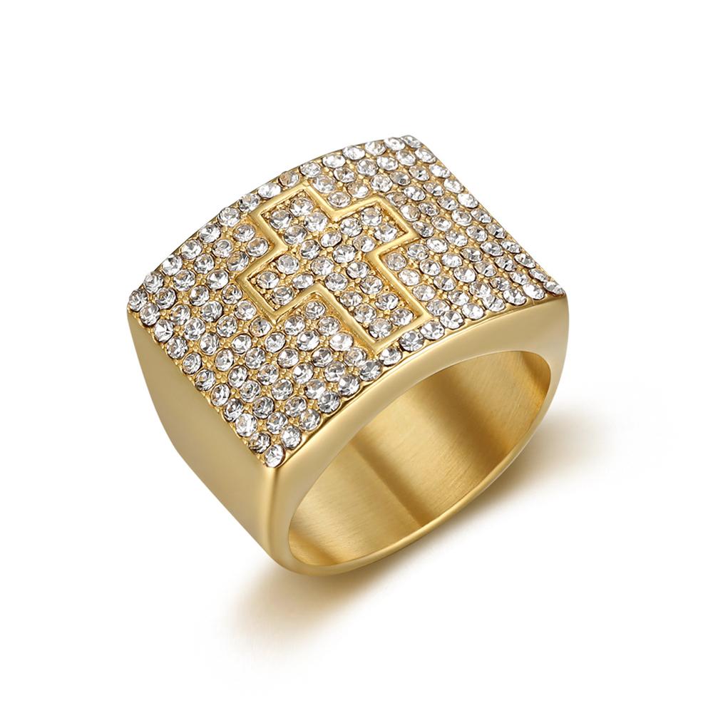 Hip Hop Iced Out Big Cross Ring Male Gold Color Stainless Steel Jesus Cross Rings For Men Religious Jewelry