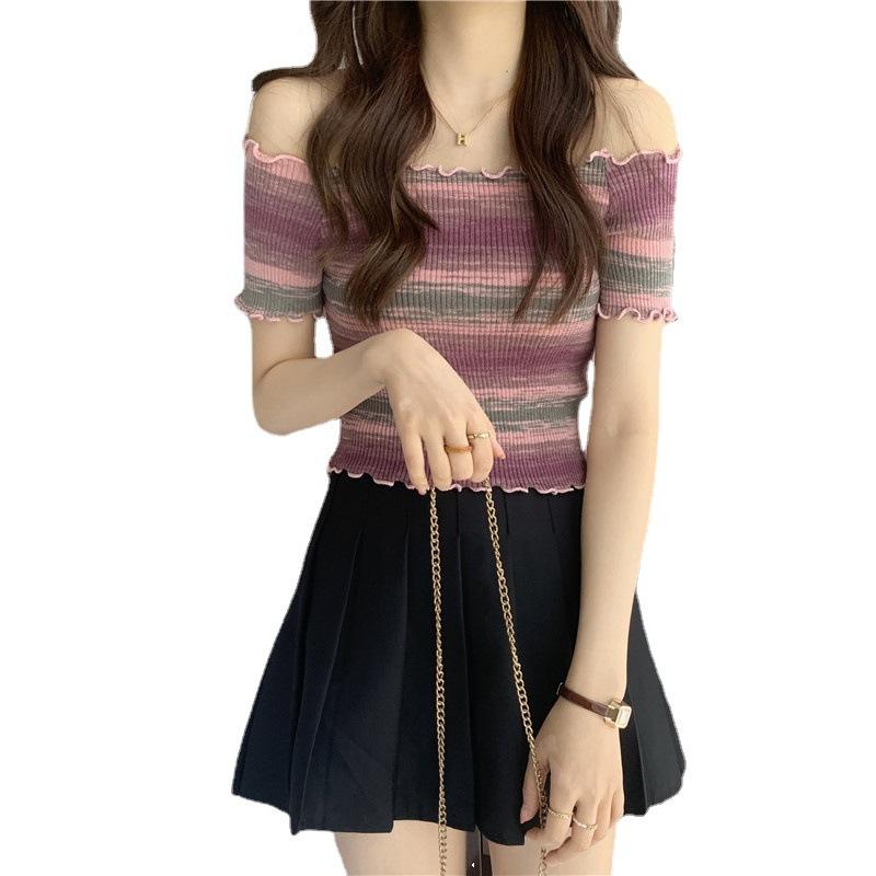 Летние трикотажные топы Wood Ear Edge Wild Color Striped с одним плечом и короткими рукавами, женские повседневные летние базовые вещи, комфорт и стиль, облегающие свитера, футболки