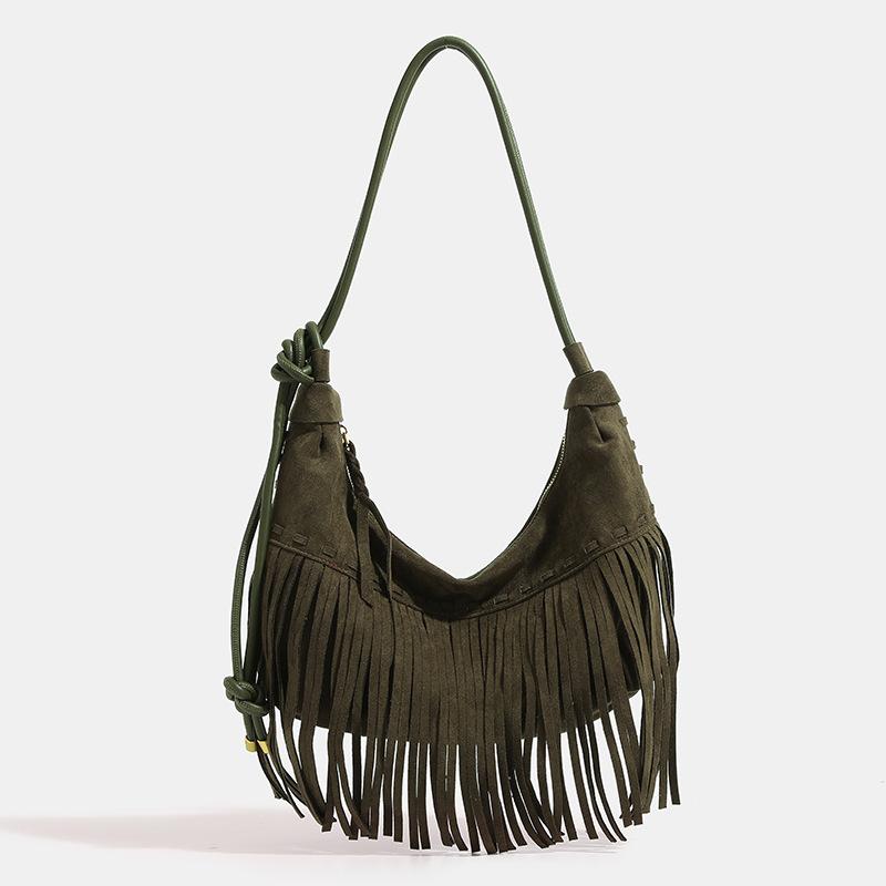 Matte Tassel Underarm Bag for Women 2024 Autumn/Winter New Bohemian Retro Large Capacity Crossbody Dumpling Bag