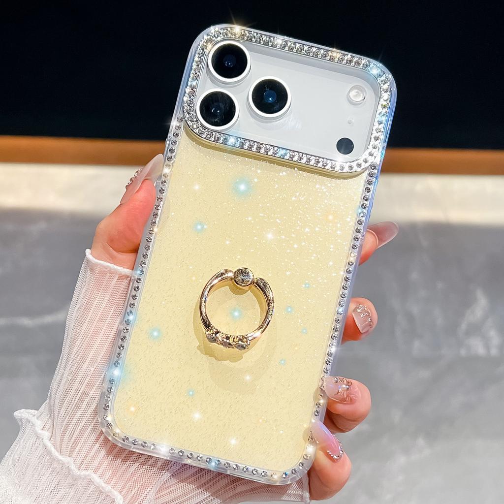 For Apple 17Air Glitter Diamond Phone Case for Apple 16E Ring Stand 15ProMax Glitter Powder Protective Case
