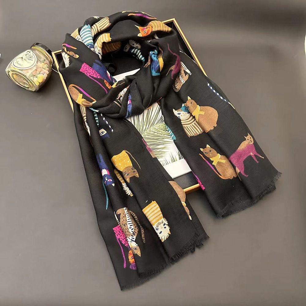Lovely Animal Cartoon Cute Cat Pattern Fringe Viscose Scarf Lady Girls Print Soft Shawls And Wraps Pashmina Muslim Hijab Sjaal