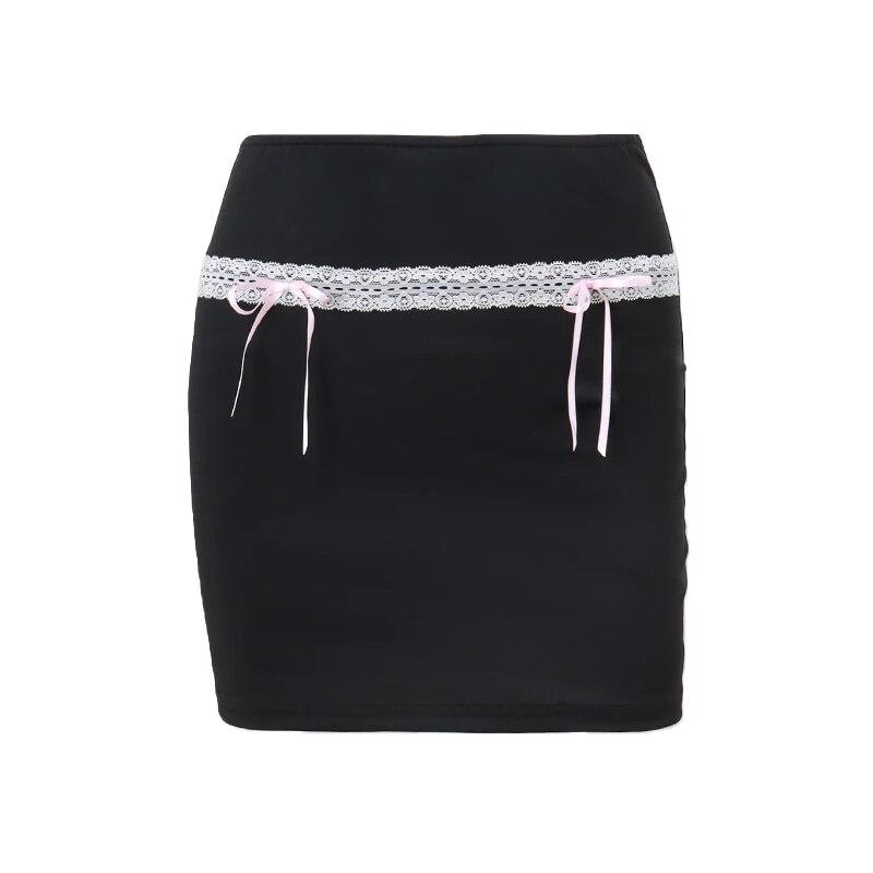 Y2K Bow Chic Lace Stitch Black Skirt Women Sexy Lace Up Highwaist Slim Mini Skirts Female Patchwork Streetwear Vacation Bodycon Casual Clothing