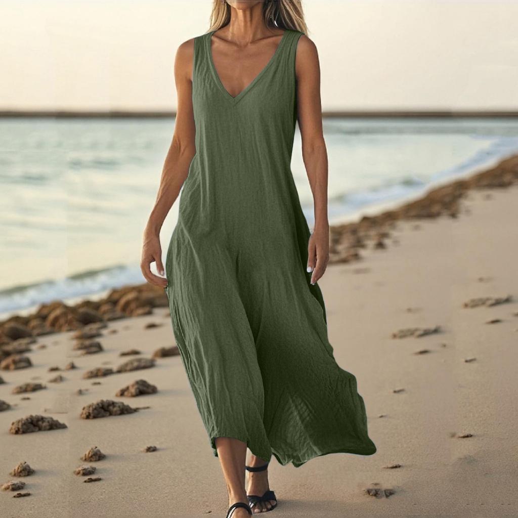 Women Casual Summer Solid Color Tank Sleeveless Dress Hollow Out Loose Beach Dress