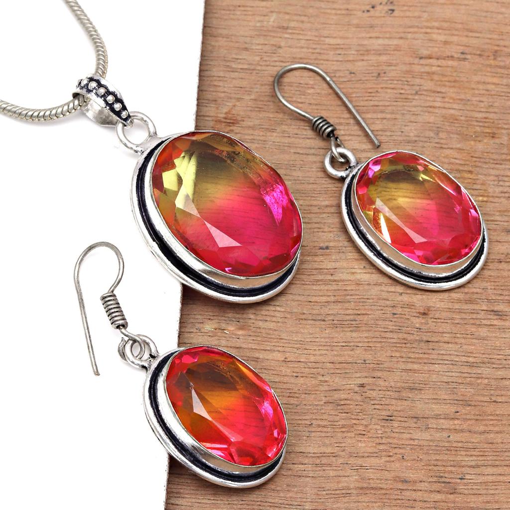 Турмалиновый комплект из драгоценных камней, подарок на свадьбу, двухцветный кулон, серьги, кольцо