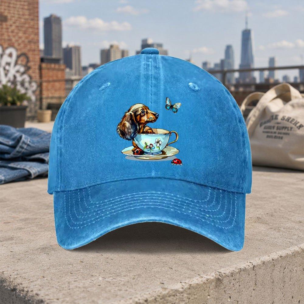 Teacup Sausage Dog Retro Washed Baseball Cap Unisex Dad Hat for Daily Wear Holiday Gift Birthday Anniversary
