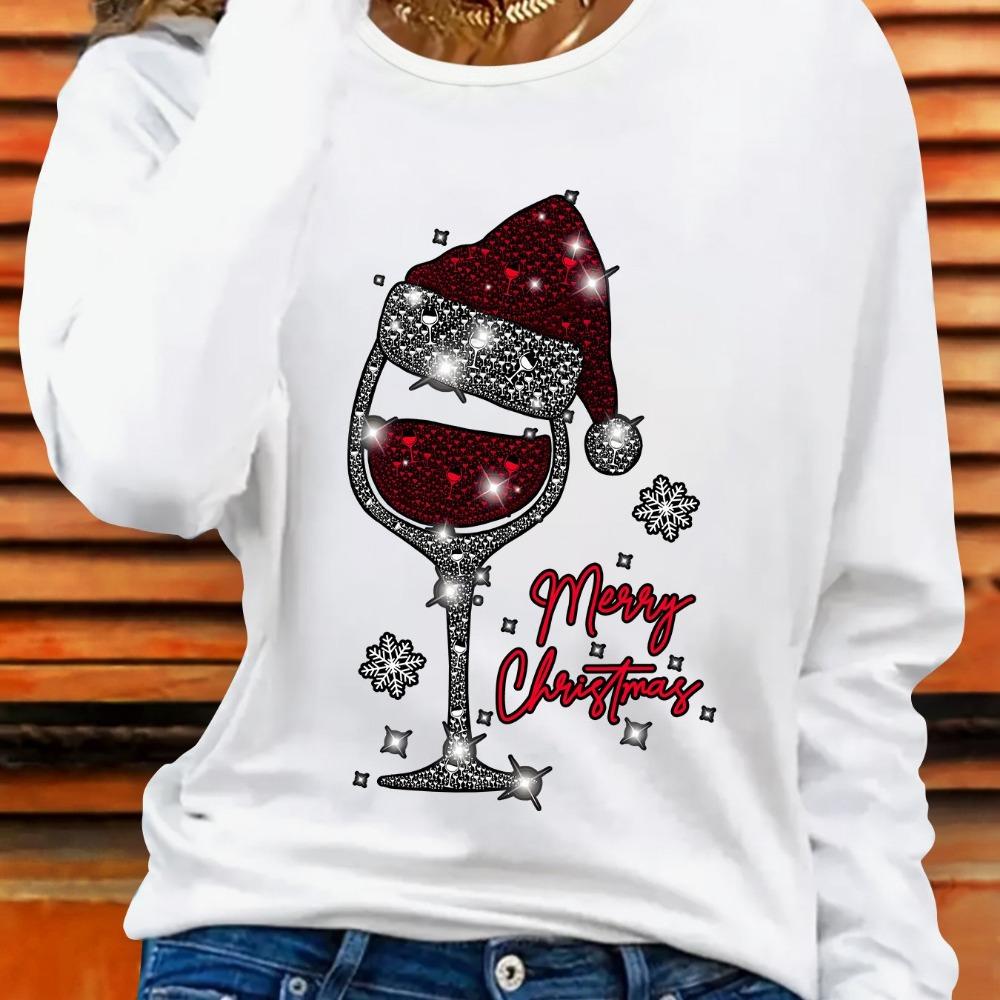 Свитшот с принтом бокала для черного Рождества и шапки Санты - Сверкающий узор из снежинок и леденцов, топ с длинным рукавом
