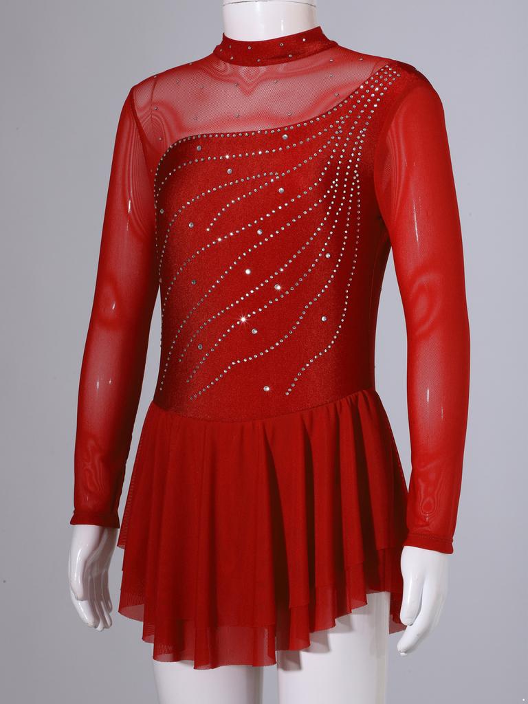 Платье для танцев для девочек, одежда для соревнований, платье для катания на коньках, платье в стиле пэчворк с длинными рукавами