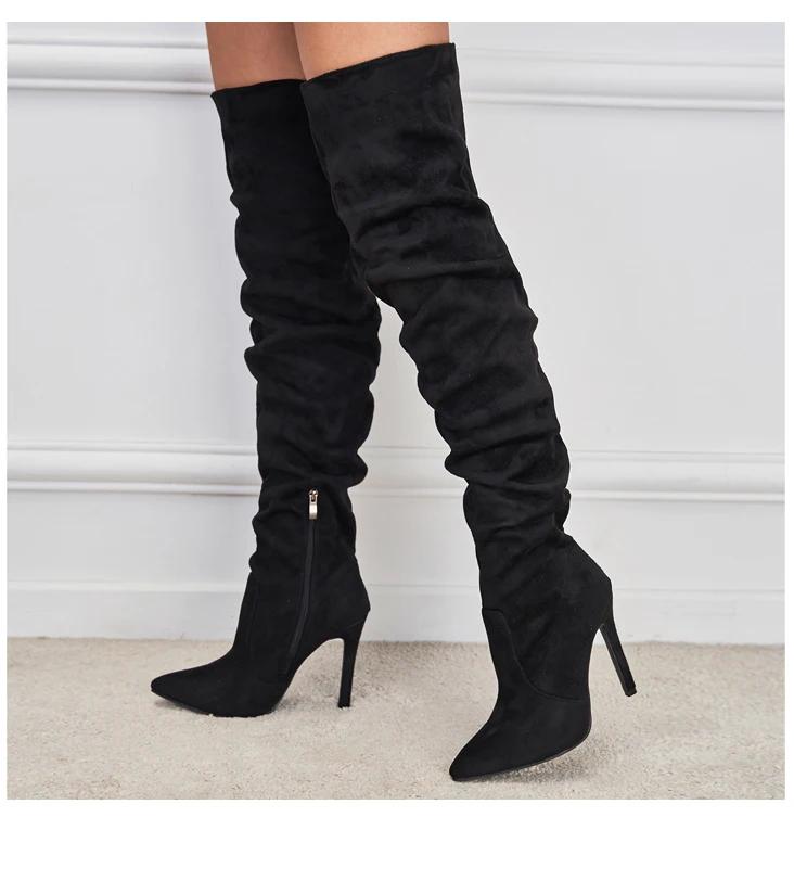 Женская мода: заостренный носок, тонкий каблук, выше колена, весна/осень, флок, сращивание, боковая молния, челси