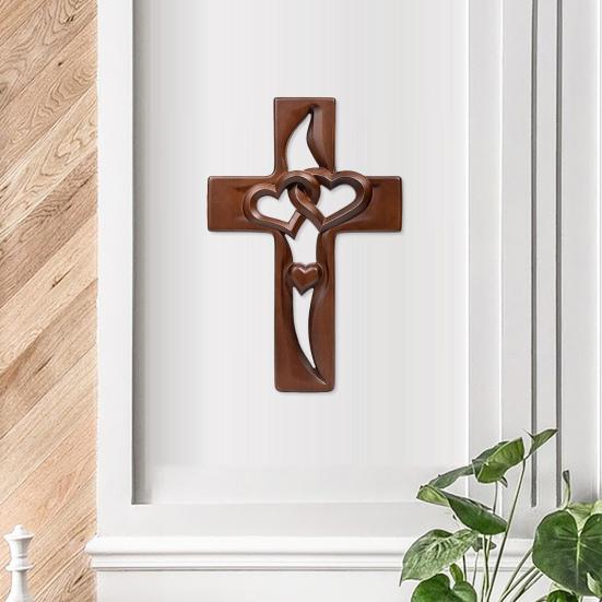 Intertwined Heart Cross Wall Decoration Handmade Wooden Double Hollow Love Heart Faith Prayer Cross Home Office Wall Art Ornament