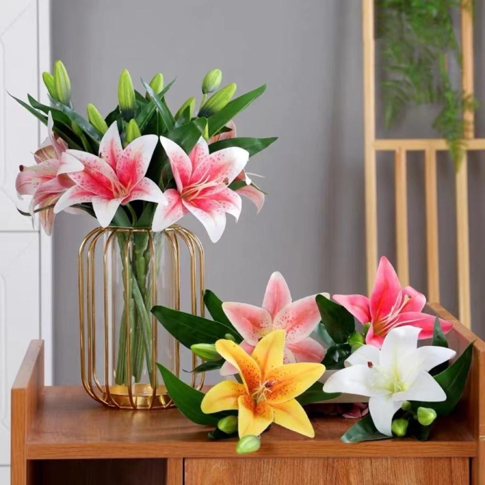 Real Touch 65cm Artificial Lily Flower Silk 3 Heads Fake Lily Bouquet DIY Wedding Bridal Bouquet Living Room Decor